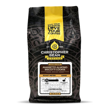 Christopher Bean Coffee - Certified Kosher, Decaf Ground Universal Drip Amaretto Almond Biscotti Coffee | Amaretto Flavored Medium Roast Coffee 100% Arabica, No Sugar, No Fats, Non-Gmo | 10-Ounce