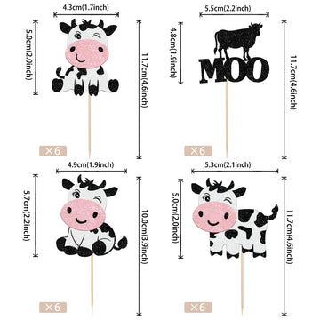 24 Pcs Cow Cupcake Toppers Glitter Farm Animals Moo Cupcake Picks Cow Cupcake Decorations For Cow Theme Baby Shower Kids Birthda