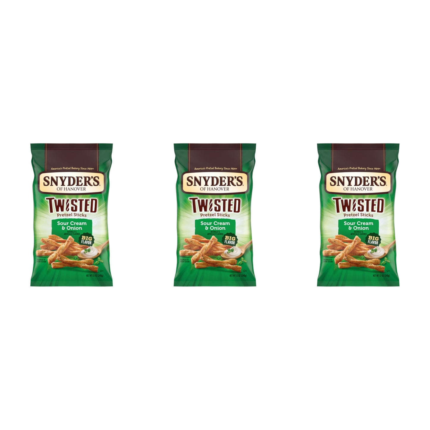 Snyders of Hanover, Sour Cream & Onion Twisted Pretzel Sticks, 12 Oz Bag (Pack of 3)