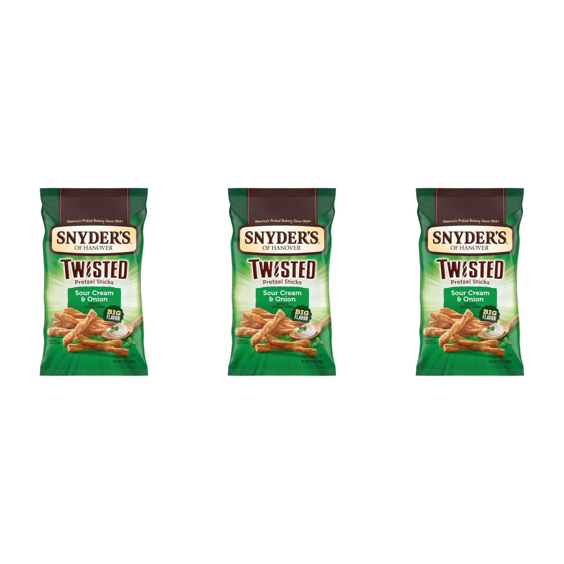 Snyders of Hanover, Sour Cream & Onion Twisted Pretzel Sticks, 12 Oz Bag (Pack of 3)