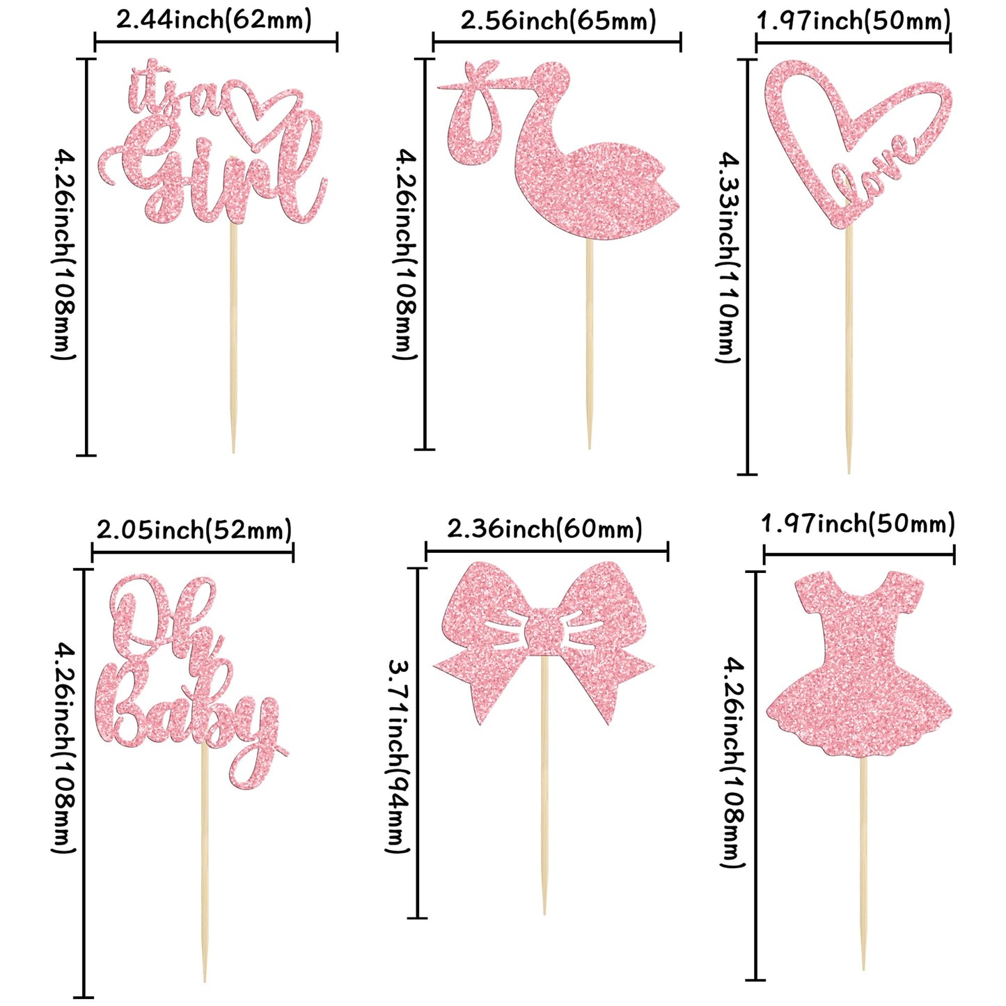 Gyufise 36 Pack Oh Baby Cupcake Toppers It'S A Girl Cupcake Toppers With Bow Dress Love Heart Pink Glitter Cake Picks Decoration