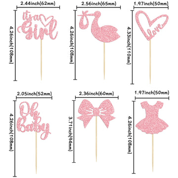 Gyufise 36 Pack Oh Baby Cupcake Toppers It'S A Girl Cupcake Toppers With Bow Dress Love Heart Pink Glitter Cake Picks Decoration
