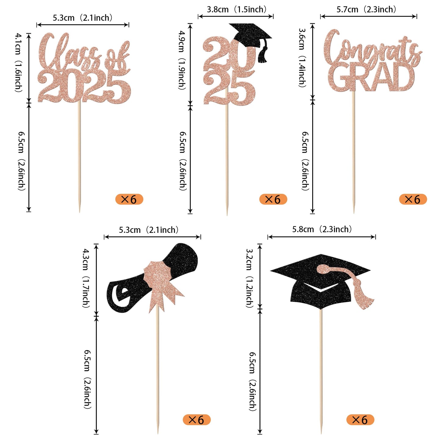 YCTHUNFISH 30 Pack Cupcake Toppers Rose Gold Glitter Graduation Class of 2025 Decorations