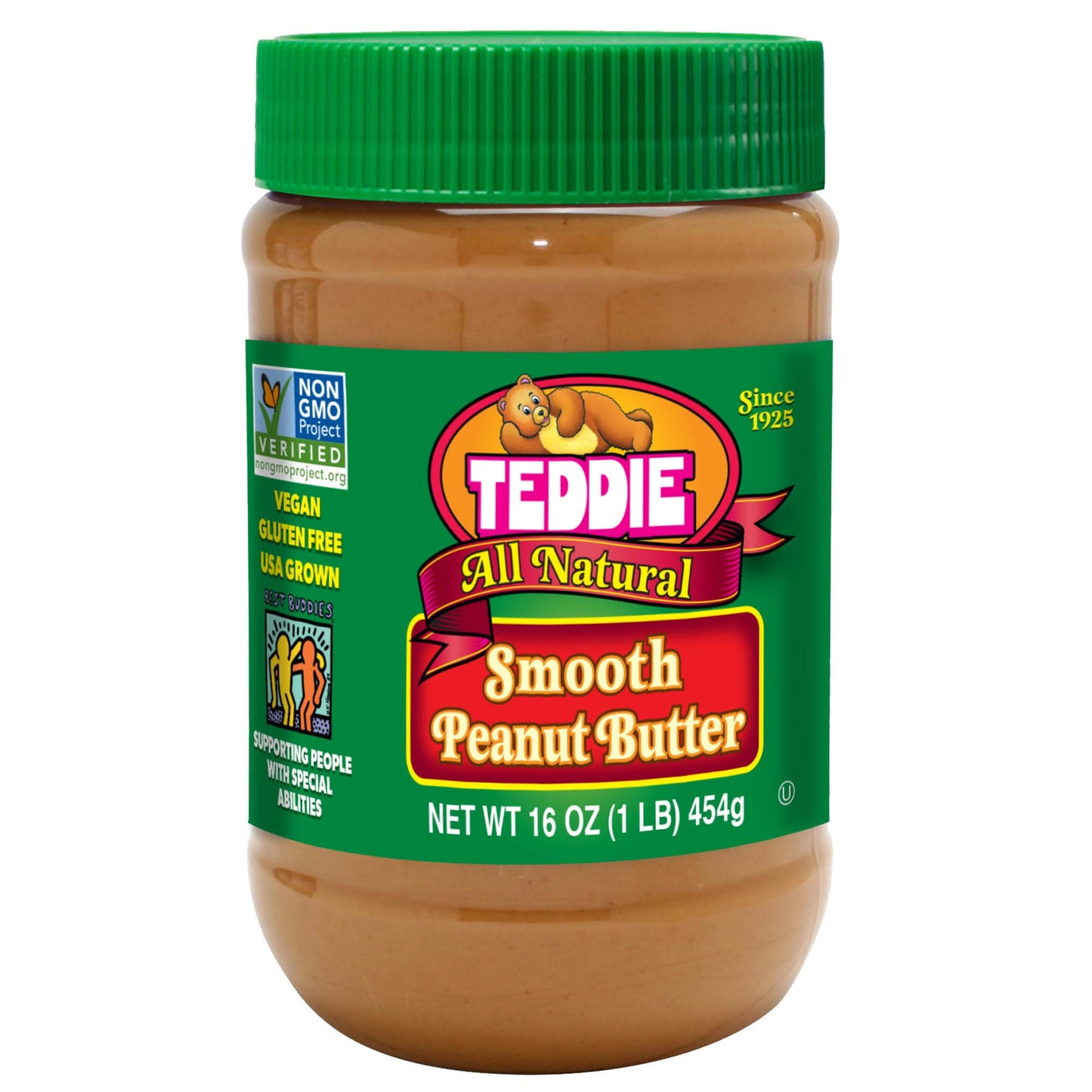 Teddie All Natural Peanut Butter, 16 Ounce 4 Pack Smooth, Gluten Free & Vegan, 16 Ounce Plastic Jar