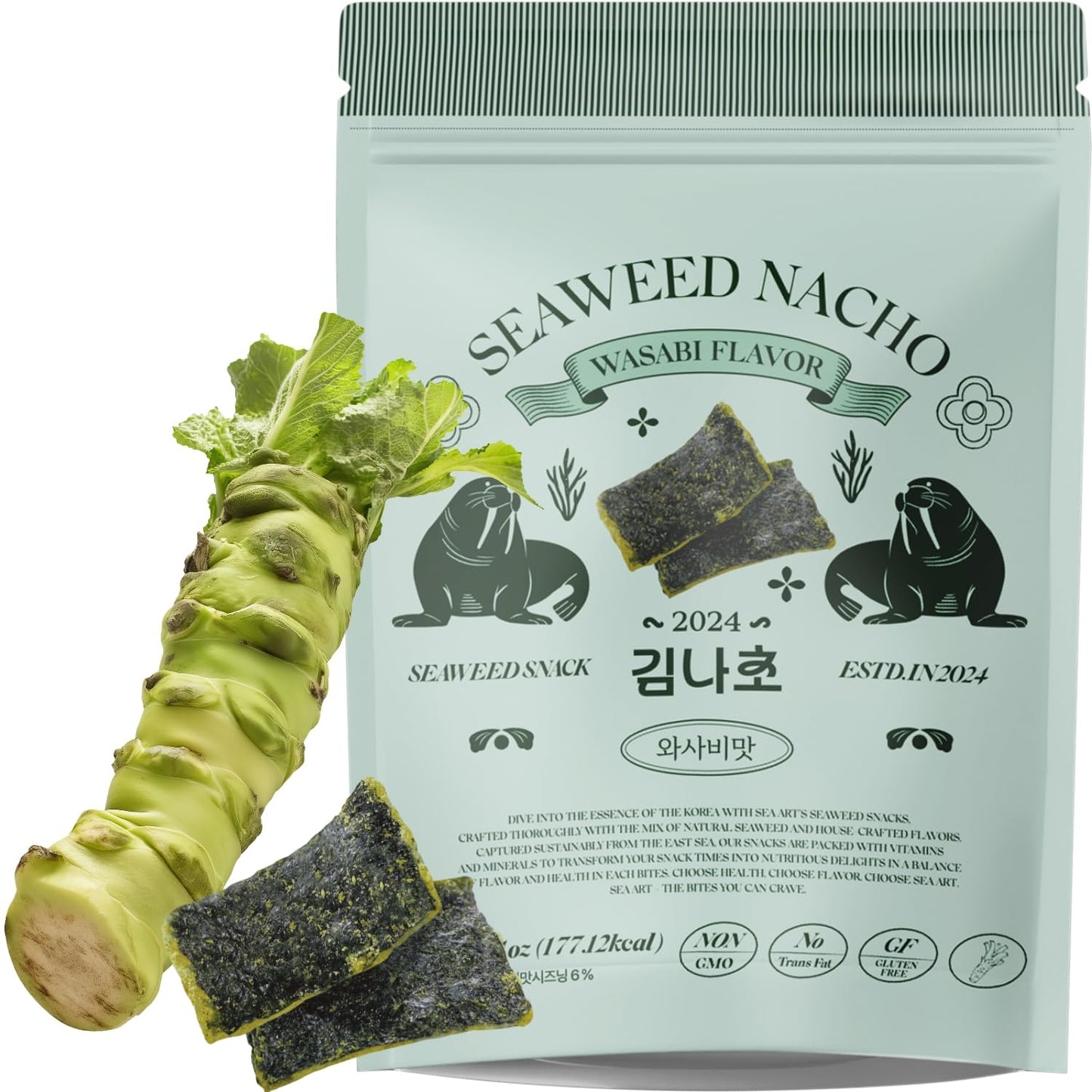 Korean Food Sea*Art Wasabi Flavored Sea  Snacks – 40G (1.41Oz) Zipper Pack – Bold Wasabi Kick, Crispy & All-Natural, Vegan Fusion Gourmet Sea Vegetable Treat, ??, ???