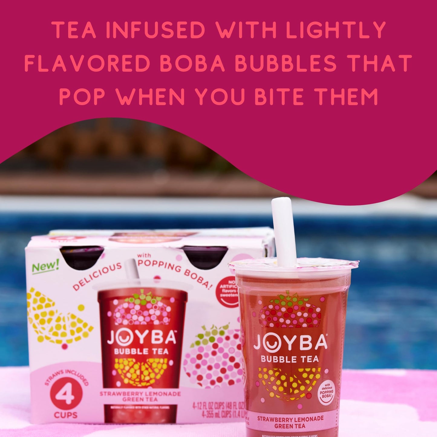 Joyba Bubble Tea Raspberry Dragon Fruit Black Tea With Popping Boba, 4 Pack, 12 Fl. Oz. Cups