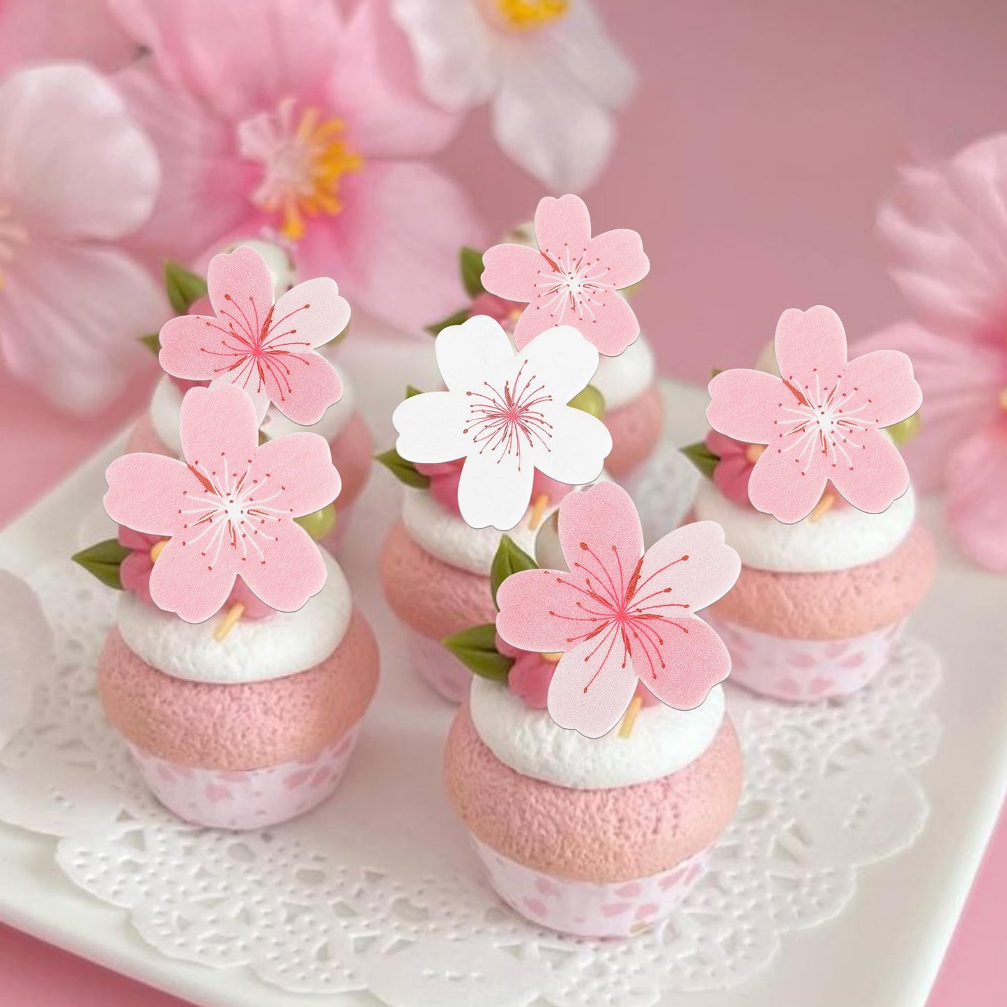 ZHUOWEISM 60 PCS Pink Edible Cherry Blossoms Flowers Cake Decorations, Wafer Paper Cupcake Toppers for Baby Shower & Birthday Party