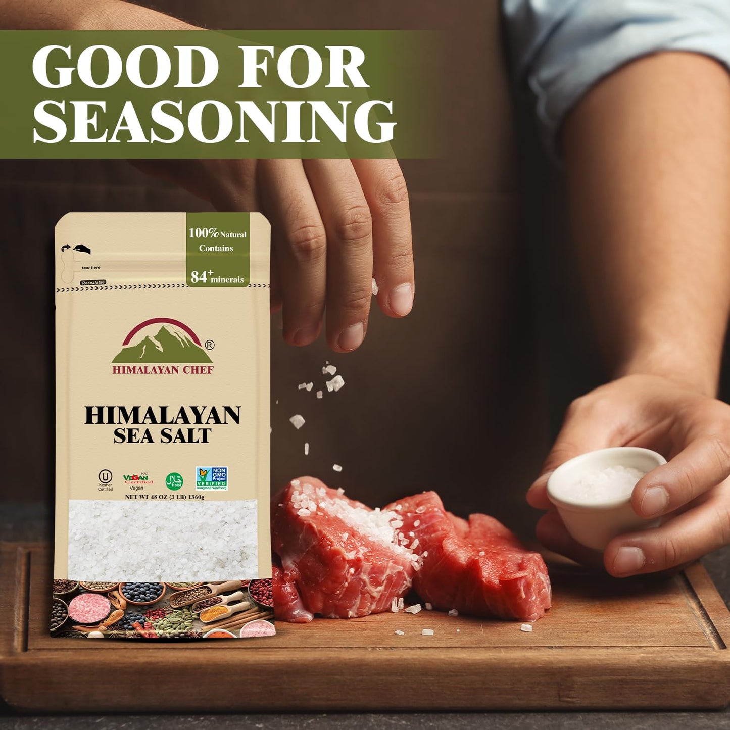 Himalayan Chef Sea Salt, Coarse Grains, 48 Ounce Resealable Bag - All Natural and Hand Harvested Unrefined Salt, Gluten Free, No