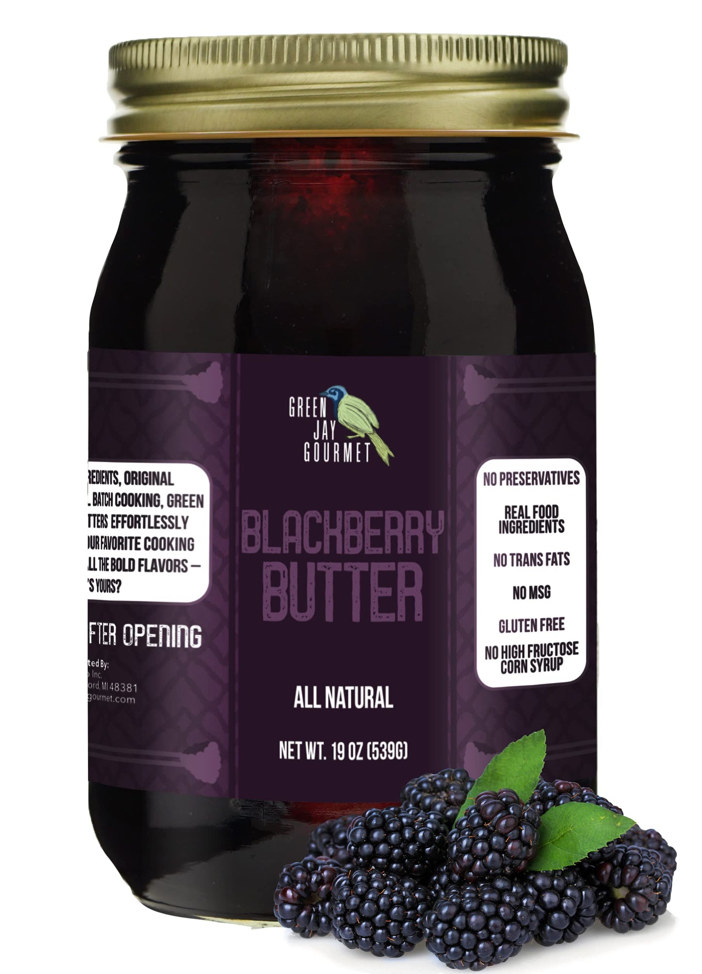 Green Jay Gourmet Blackberry Butter - All-Natural, Gluten-Free Fruit Spread - Blackberry Spread With Fresh Blackberries - Gourme