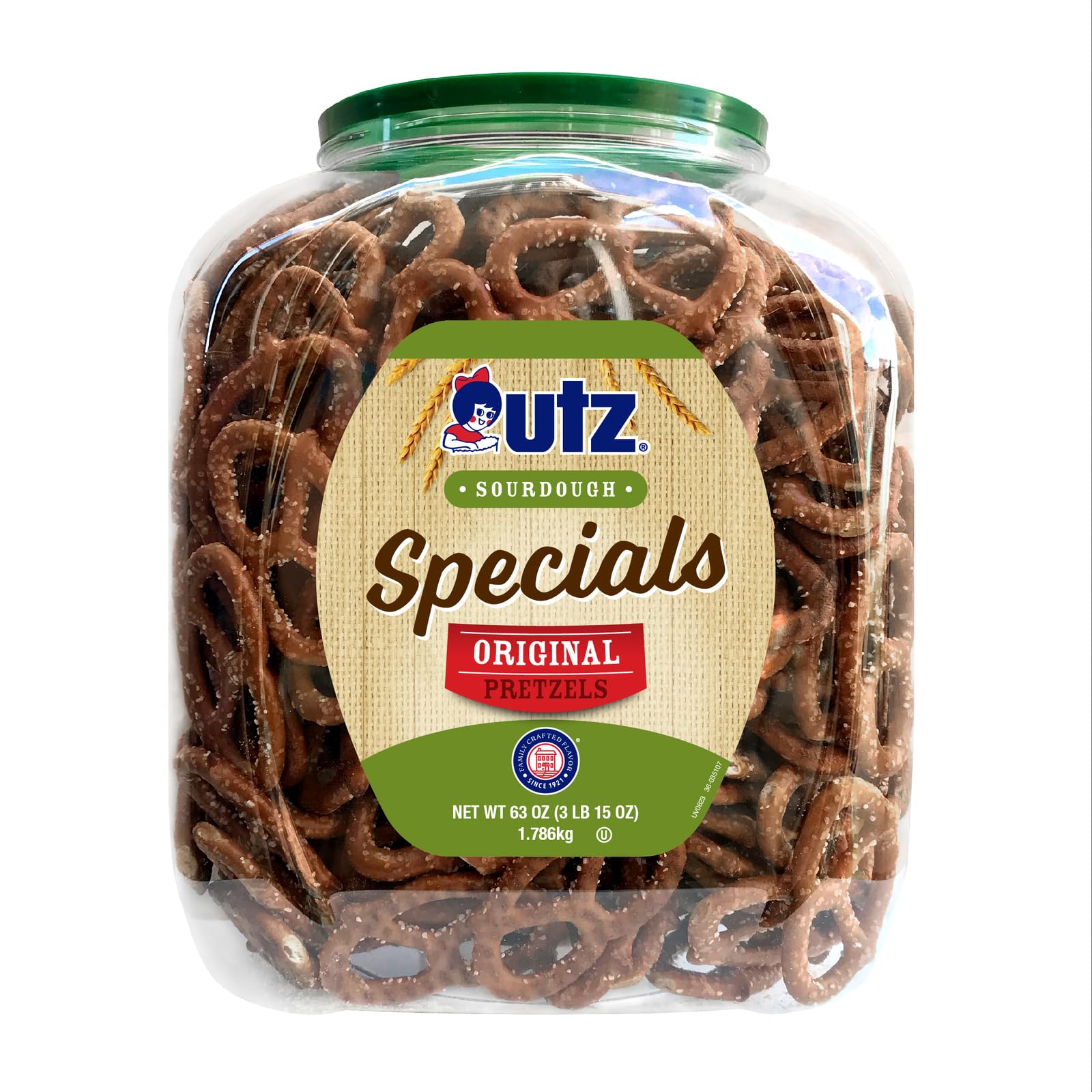 Utz Sourdough Specials Pretzels, Original, 63 oz Resealable Barrel, Zero Cholesterol Classic Snack