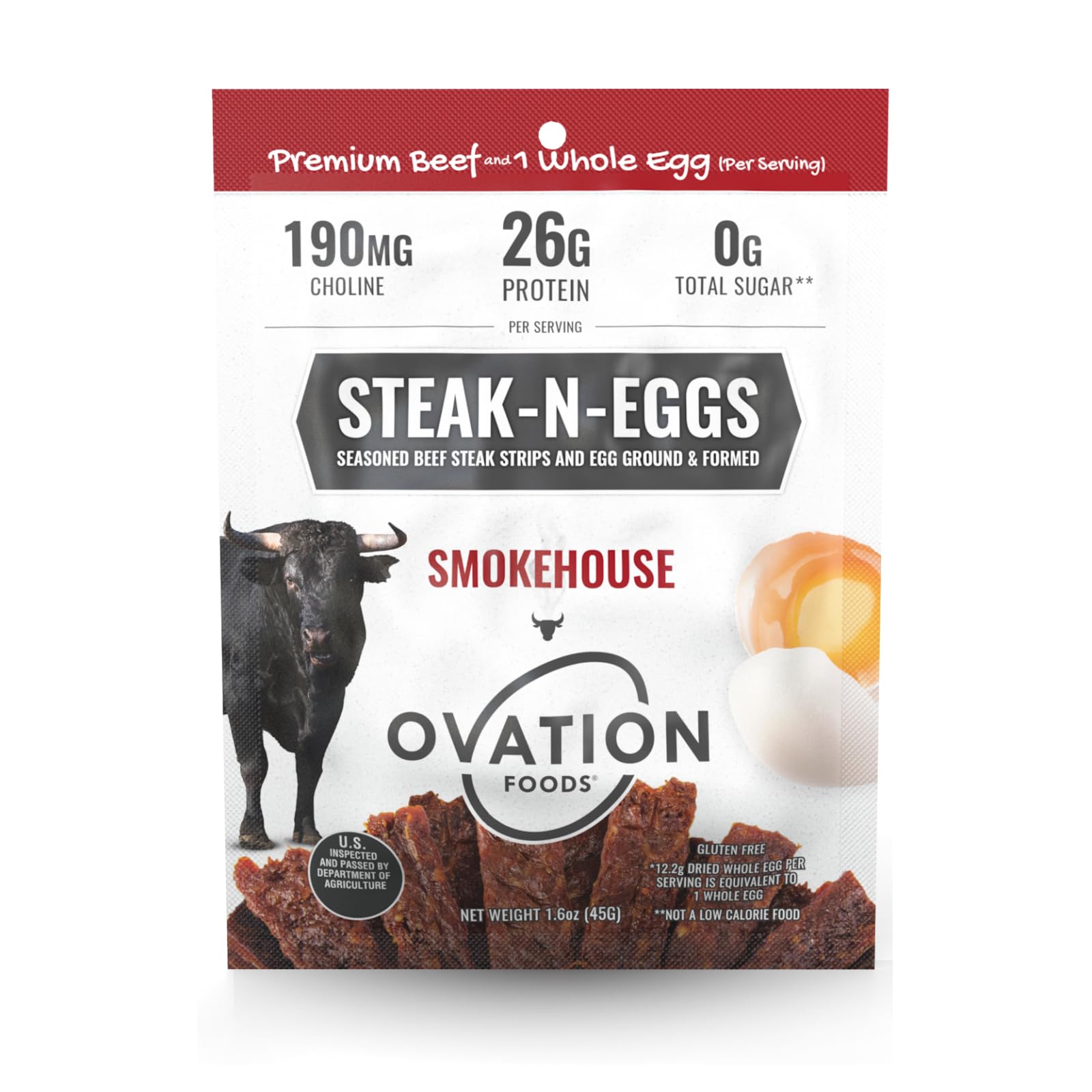 Ovation Foods Steak-N-Eggs Beef Layers  Zero Sugar  High-Protein Jerky (26G Top-Grade Protein)  Gluten Free  Keto  190 Mg Choline  Paleo 1.6Oz Bag (4 Count) - Smokehouse