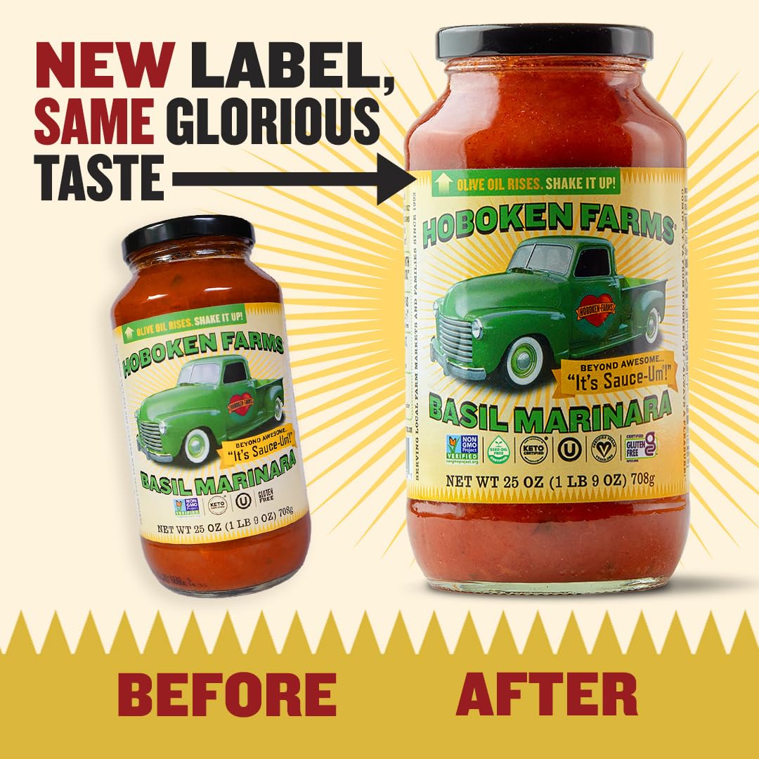 Hoboken Farms Basil Marinara Sauce - No Sugar Added, Low Sodium, Non-GMO, Preservative-Free, Low Carb, Keto - Better For You Pas