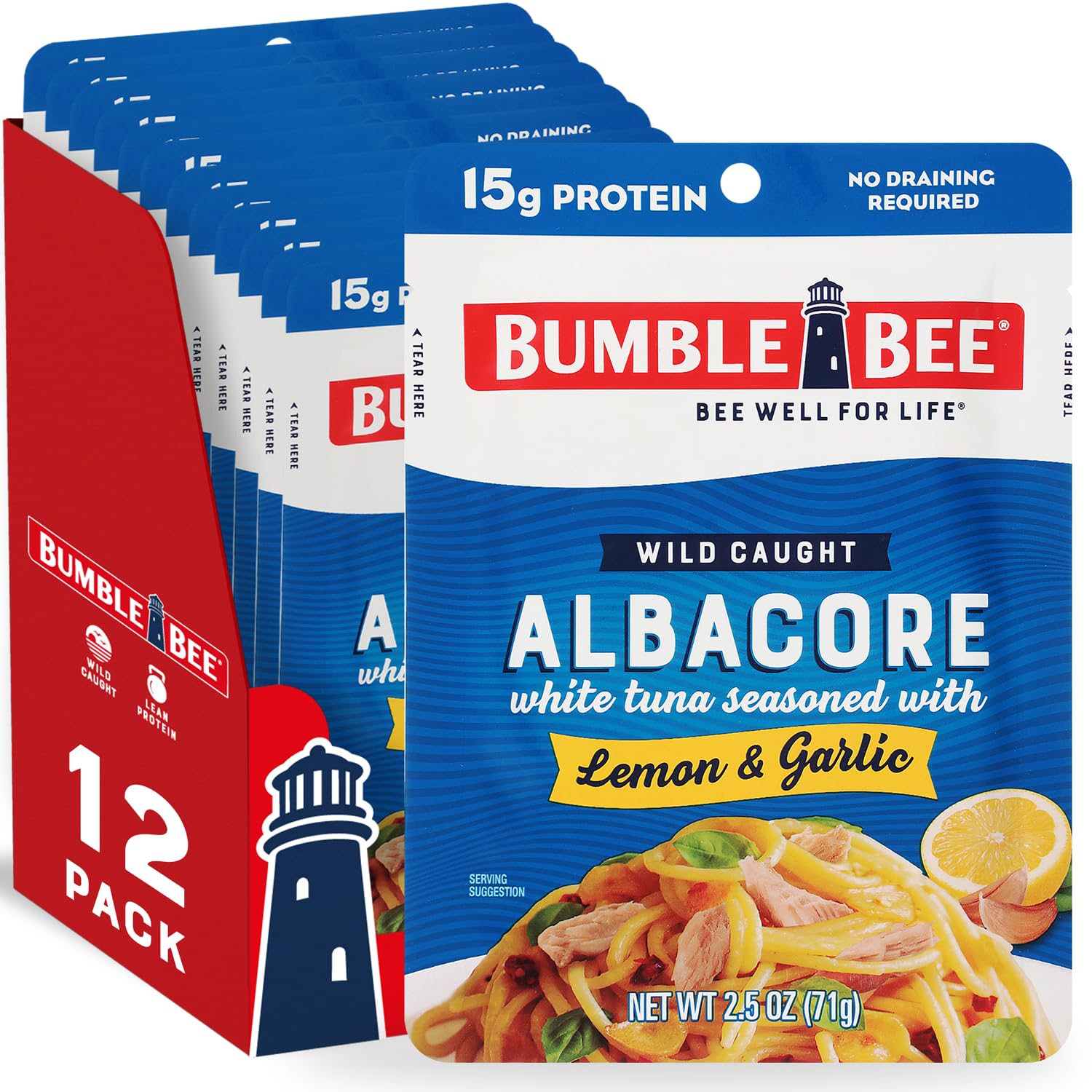 Bumble Bee Albacore Tuna in Water, Lemon & Garlic, 2.5 oz Pouch, Pack of 12, Non-GMO, Gluten Free, High in Omega-3s