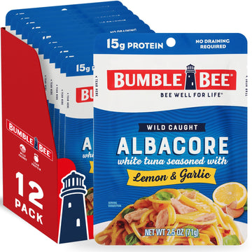 Bumble Bee Albacore Tuna in Water, Lemon & Garlic, 2.5 oz Pouch, Pack of 12, Non-GMO, Gluten Free, High in Omega-3s