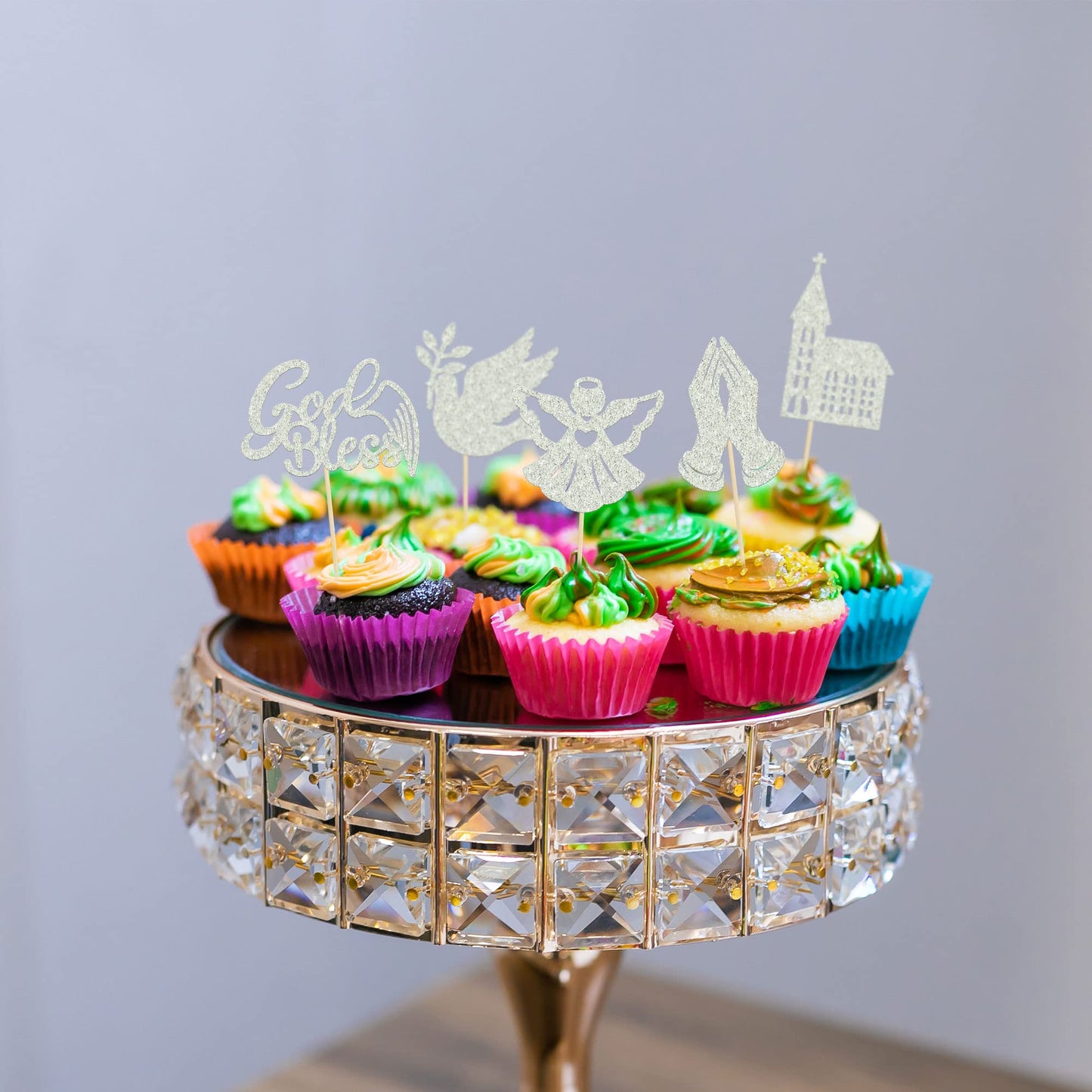 Gyufise Cupcake Toppers, God Bless Theme, Dove Cross Angel, 24 Pack, Silver, Model UKZN0258-SL, Paper Decorations for Parties