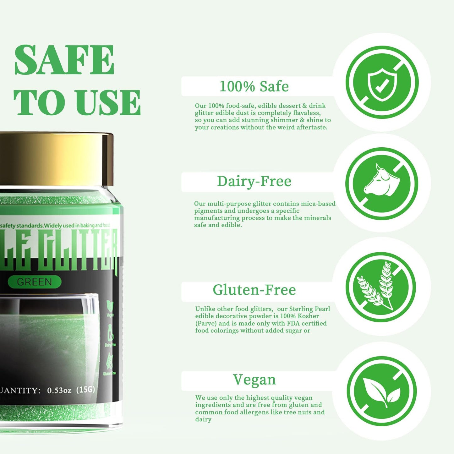 LOCDO Edible Glitter, Luster Dust for Food & Drinks, Vegan, Allergen-Free, Large 15G, Green