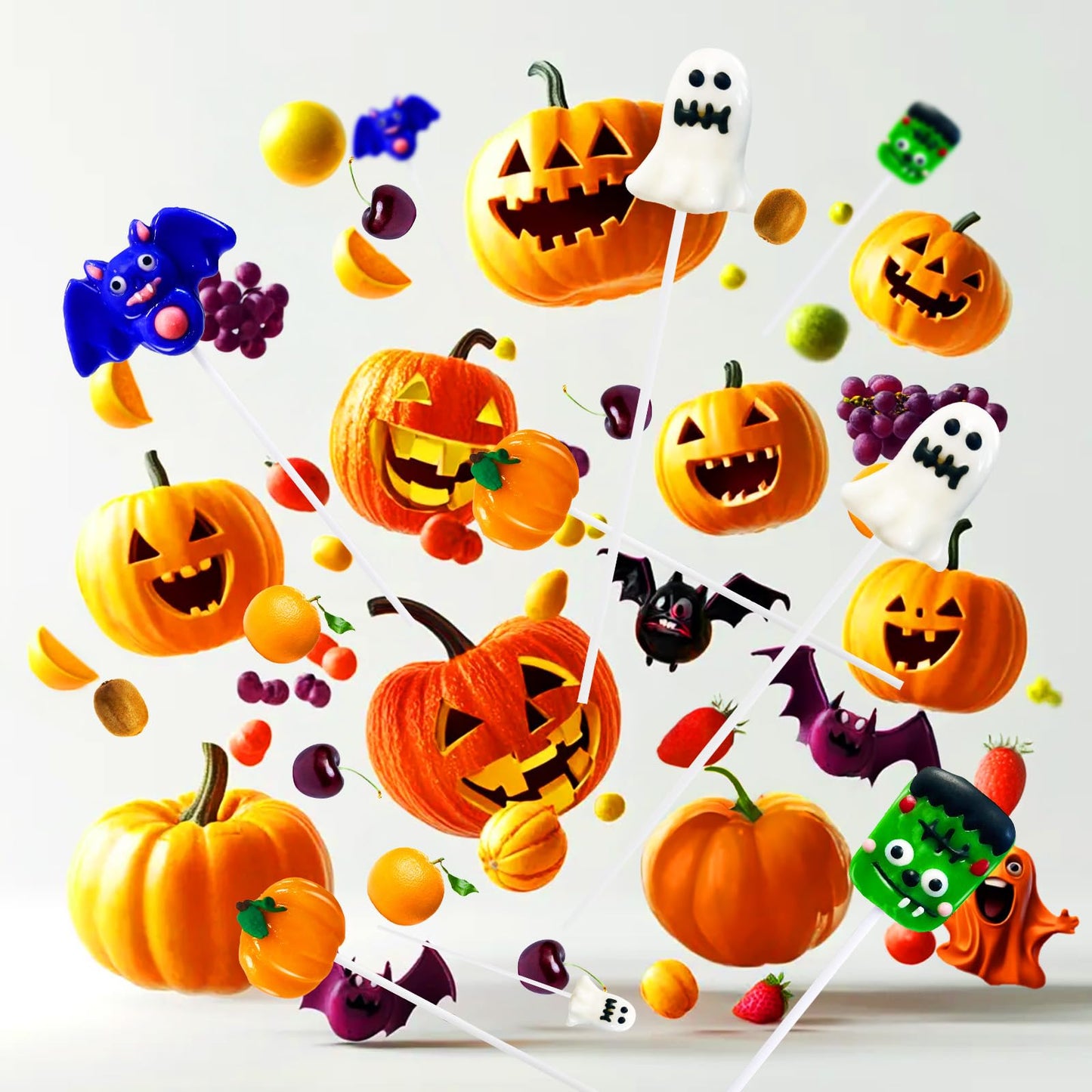 EORA Halloween Lollipop Suckers Candy, 32 Count, Multi, Individually Wrapped, Pumpkin, Green Monster, Bat Candies for Trick or Treat