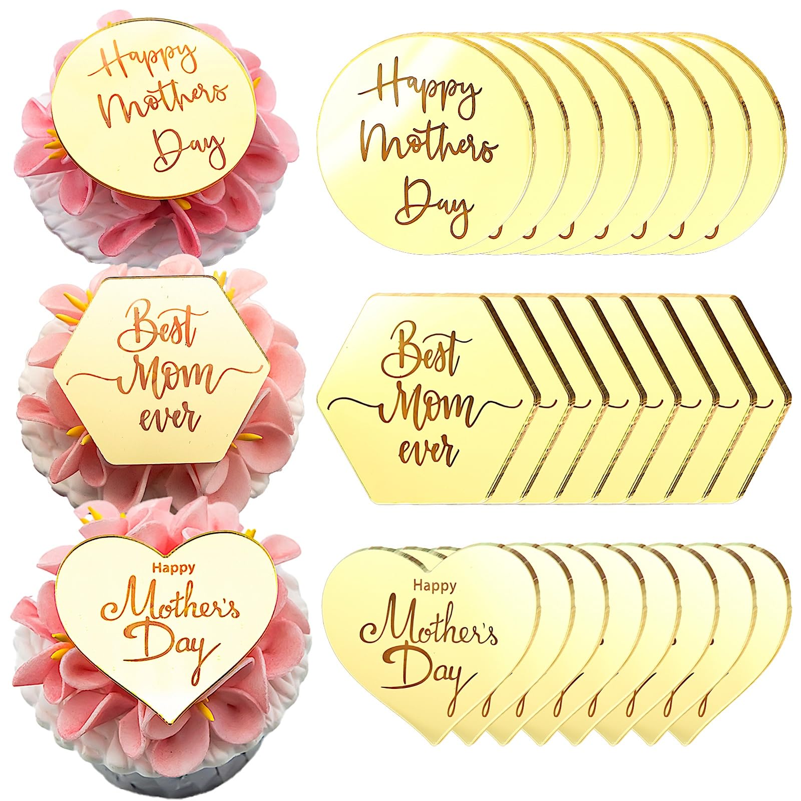 AiQi Bakes Happy Mothers Day Cupcake Toppers, 24 Pieces, Gold Mirror Acrylic, Circle Hexagon Heart Shapes, Model AQHMD-X24