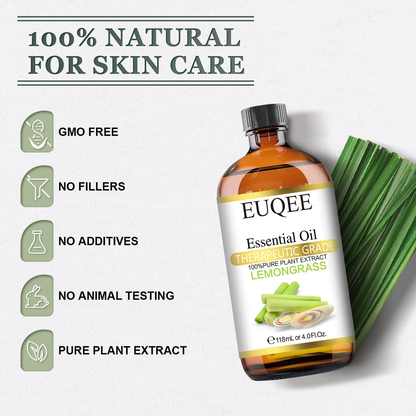 Euqee Lemongrass Essential Oil 118Ml Pure & Natural Lemongrass Oil Premium Essential Oil - With Glass Dropper Perfect For Cleani
