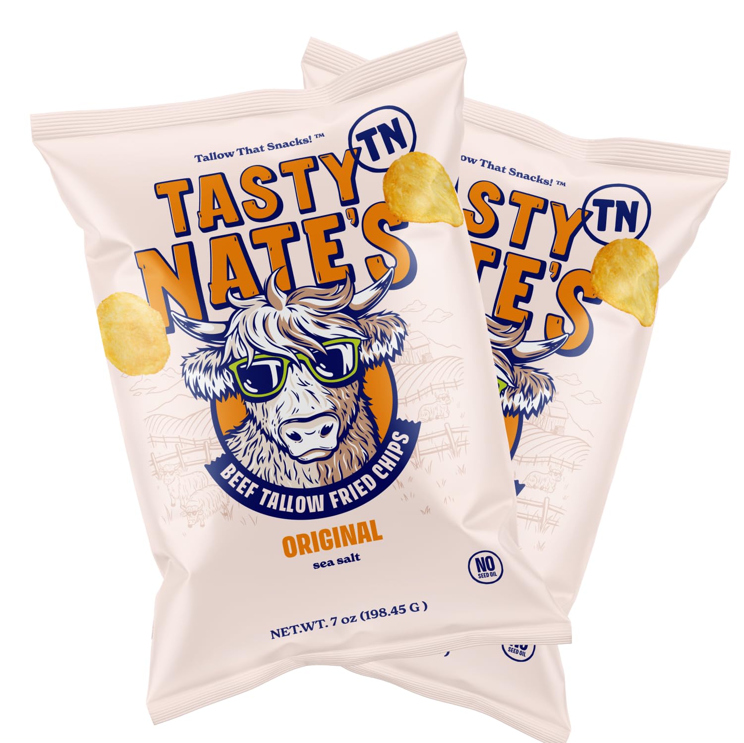 Tasty Nates Potato Chips - Original Sea Salt  Fried in 100% Beef Tallow  Seed Oil Free  7oz Bag - Pack of 2