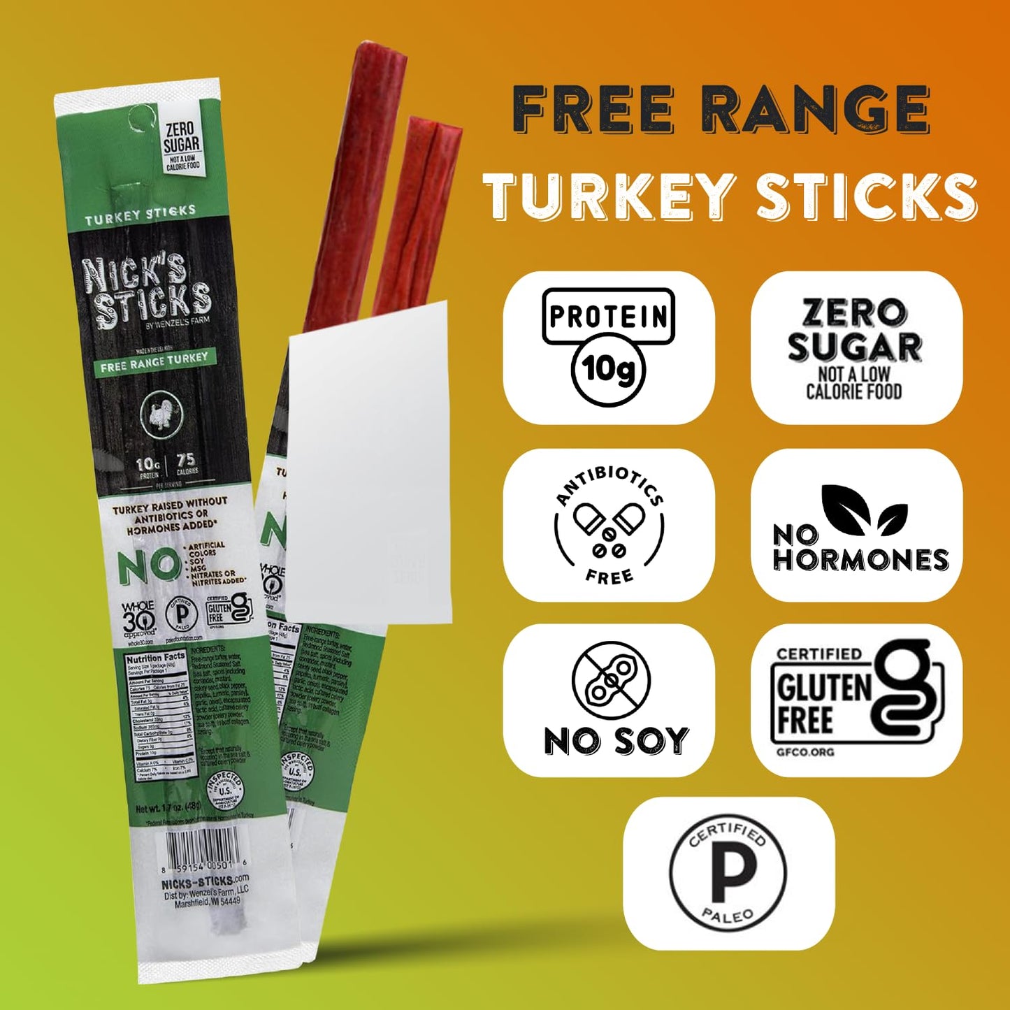 Nicks Sticks Free Range Turkey Snack Sticks, Gluten Free, 1.7oz Pack of 25, Model 2-025, Paleo, Keto, Whole30 Approved