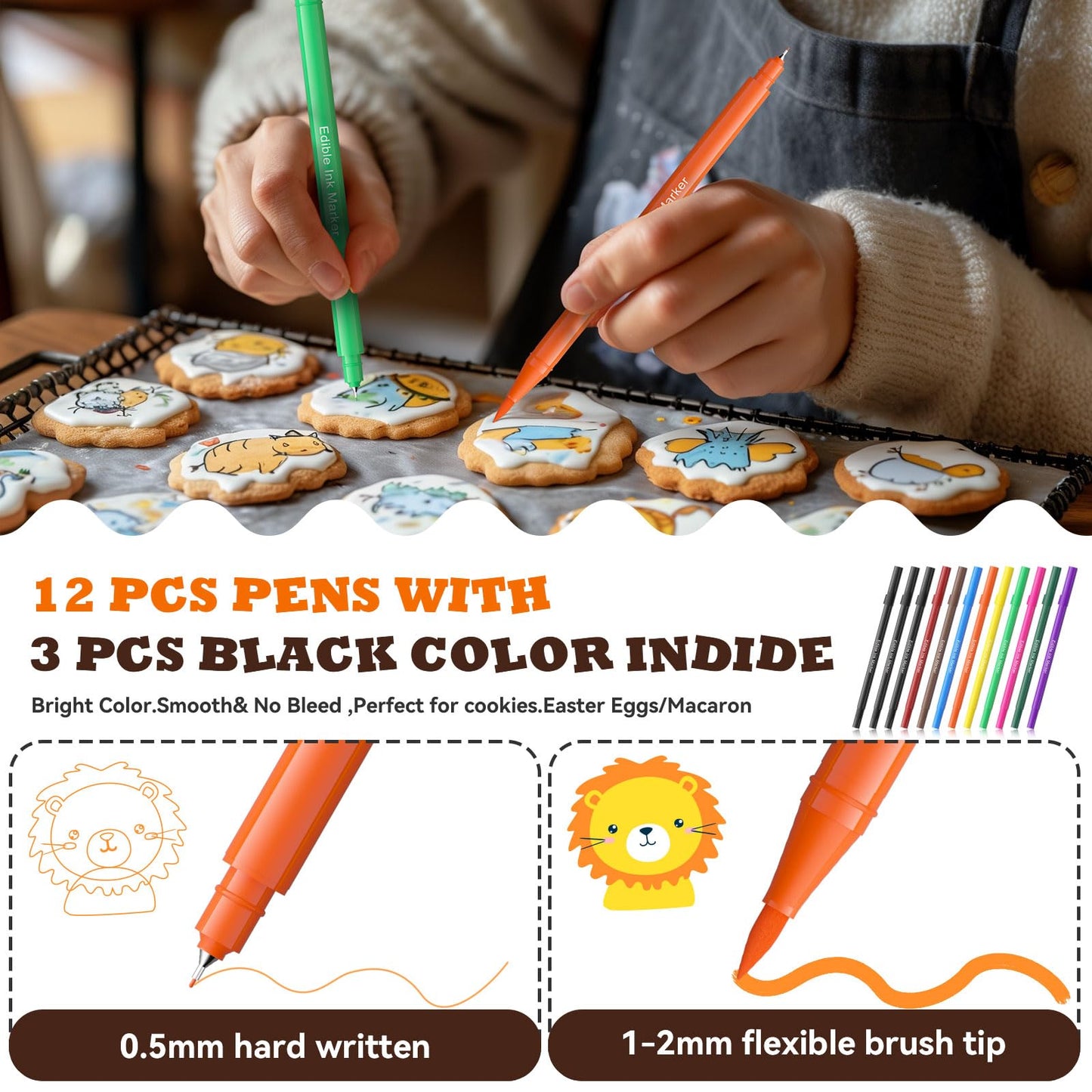 Jewem Edible Markers For Cookie Decorating, Upgrade 12Pcs Ultra Fine Tip(0.5Mm) Food Coloring Pens, Double Side Food Grade Pens For Decorating Fondant Cakes, Easter Eggs, Frosting, Macaron+ Kids Gifts