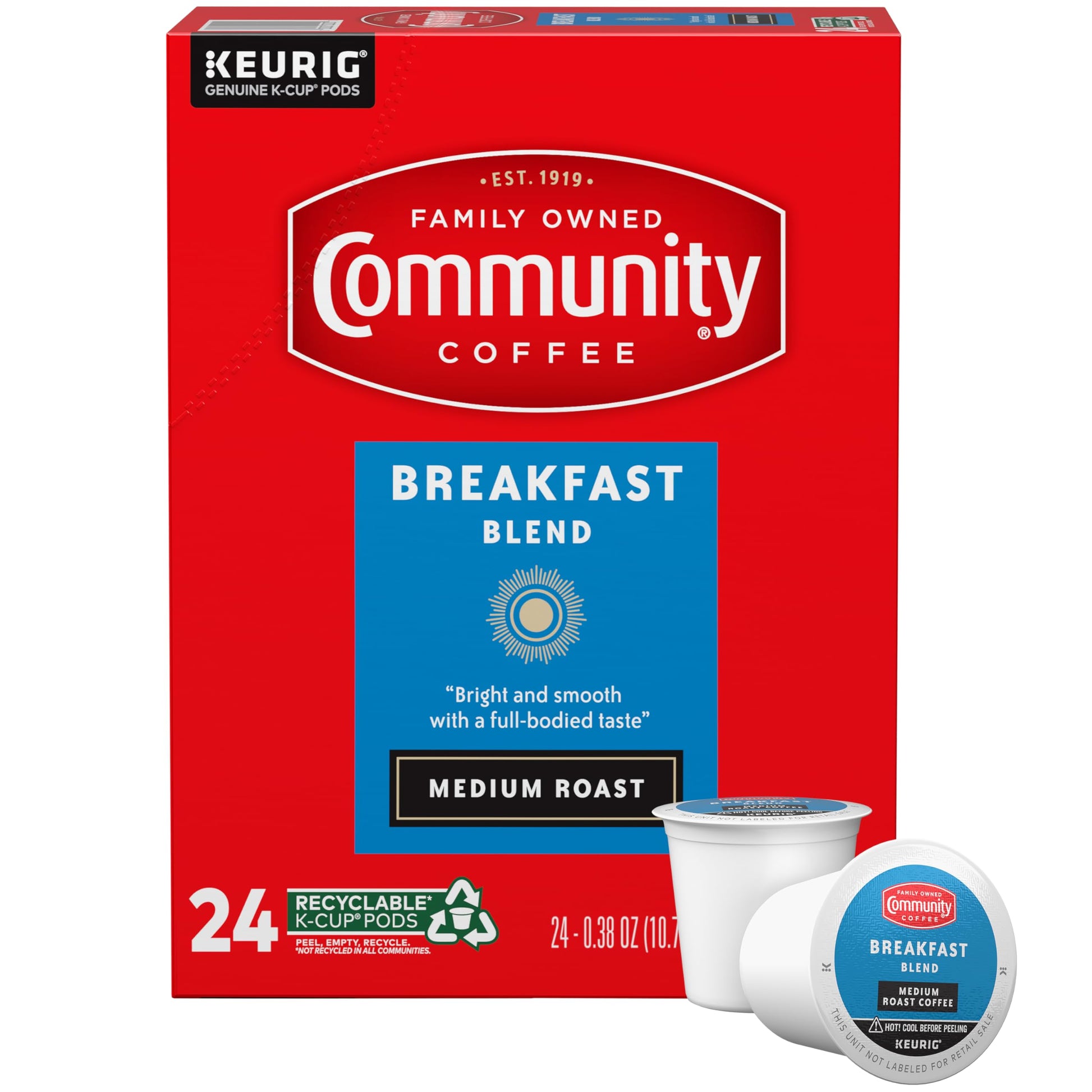 Community Coffee Breakfast Blend Coffee Pods, Medium Roast, Compatible with Keurig 2.0, 24 Count