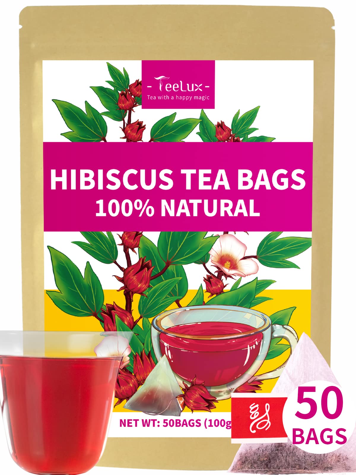 TeeLux Hibiscus Tea Bags, Herbal Tea, Caffeine Free, Refreshing Tart Flavor, 50 Count