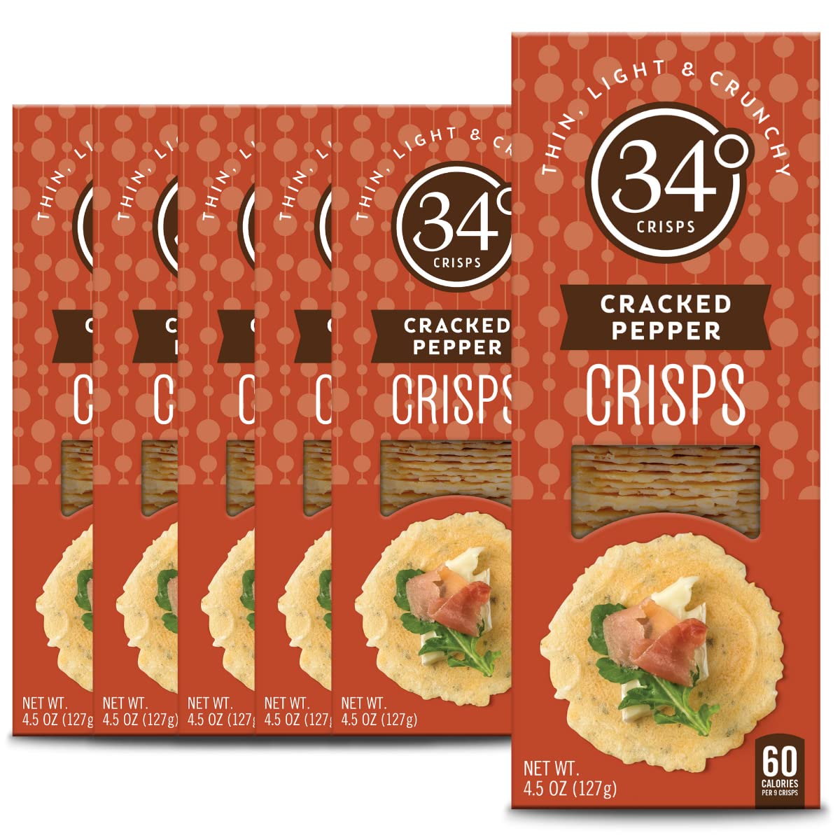 34 Degrees Cracked Pepper Crisps | Light & Crunchy Thin Crackers for Charcuterie, Cheese Boards & Entertaining, 6 Pack (4.5oz ea