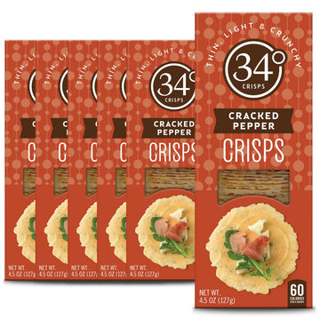 34 Degrees Cracked Pepper Crisps | Light & Crunchy Thin Crackers for Charcuterie, Cheese Boards & Entertaining, 6 Pack (4.5oz ea