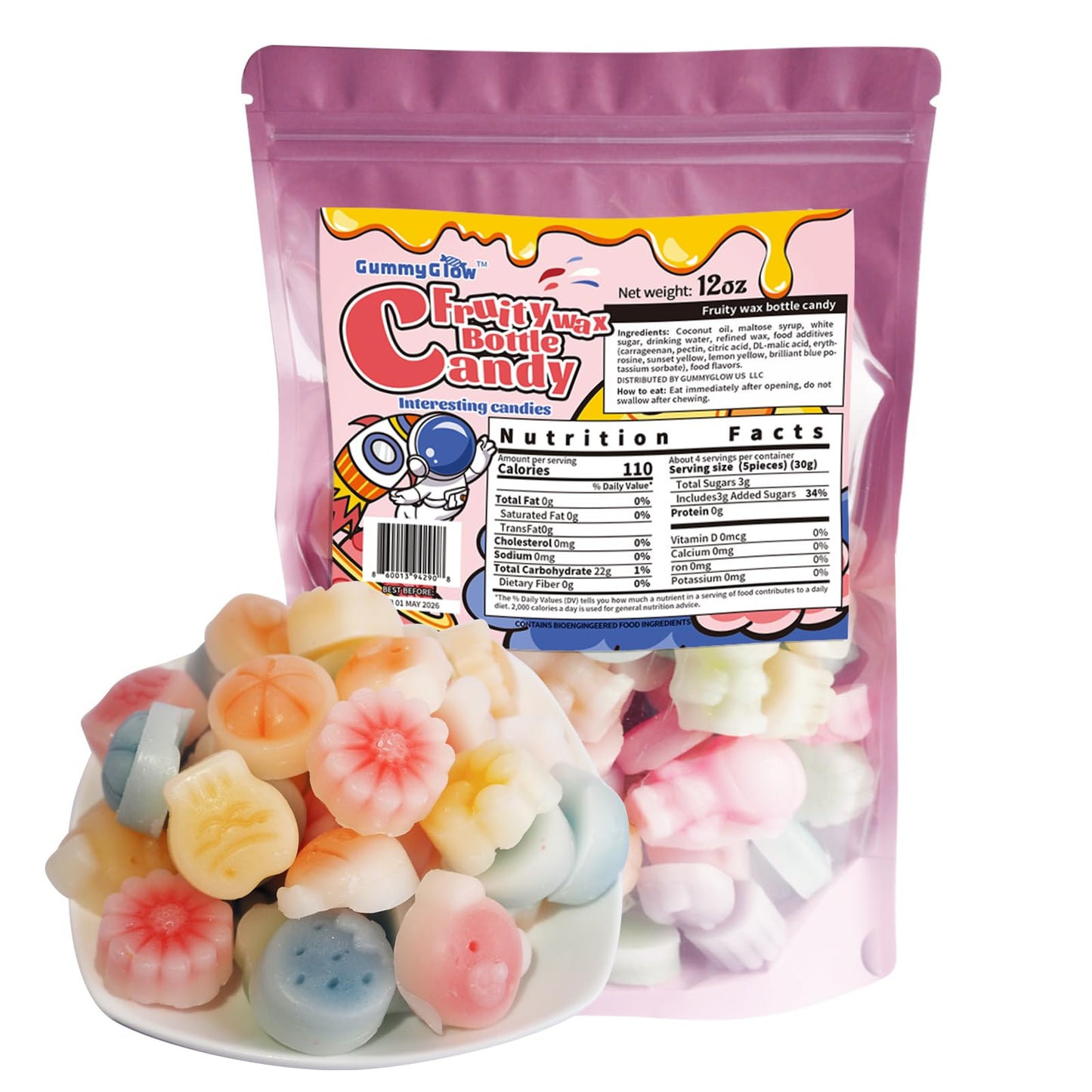 Gummy Glow Wax Candy 12oz Bulk Pack  Retro Chewy Wax Candies for Old School Candy Lovers with 55-65 Pieces & 5 Flavors  Nostalgic Sweet