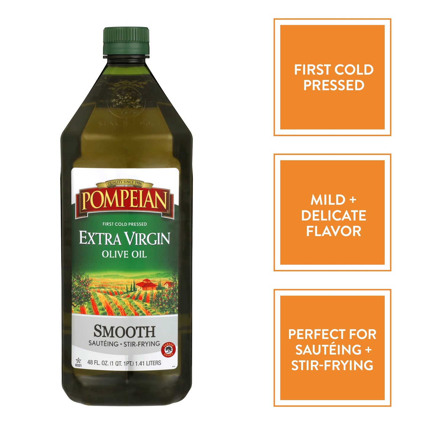 Pompeian Smooth Extra Virgin Olive Oil, Contains Polyphenols, First Cold Pressed, Mild And Delicate Flavor, Perfect For Sauteing & Stir-Frying, Naturally Gluten Free, Non-Gmo, 48 Fl Oz, Single Bottle