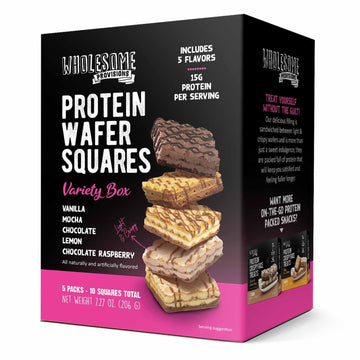 Wholesome Provisions Protein Wafer Squares Variety Pack - 15g Protein, Low Sugar, 10 Squares, Includes Vanilla, Mocha, Chocolate, Lemon, Raspberry