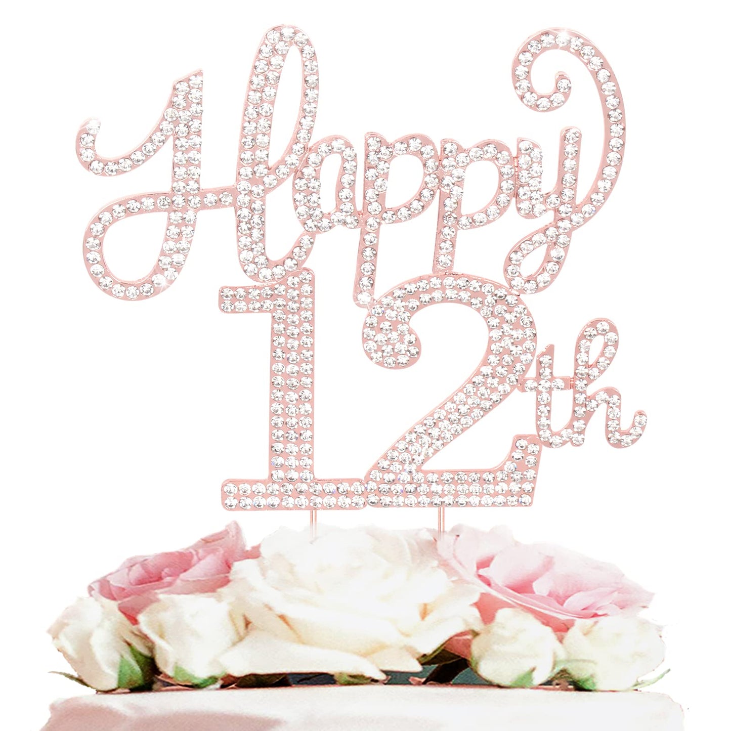 Happy 12Th Birthday Rose Gold Rhinestone Cake Topper - 12Th Birthdayanniversary,Cheers To Twelve Years Old Bday Party Metal Spar