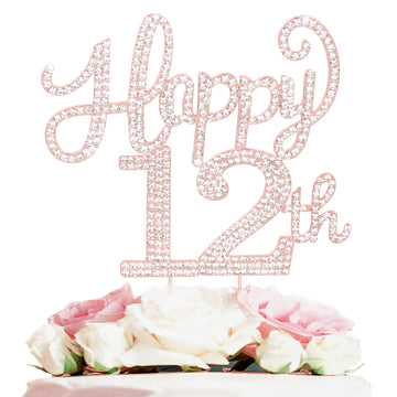 Happy 12Th Birthday Rose Gold Rhinestone Cake Topper - 12Th Birthdayanniversary,Cheers To Twelve Years Old Bday Party Metal Spar