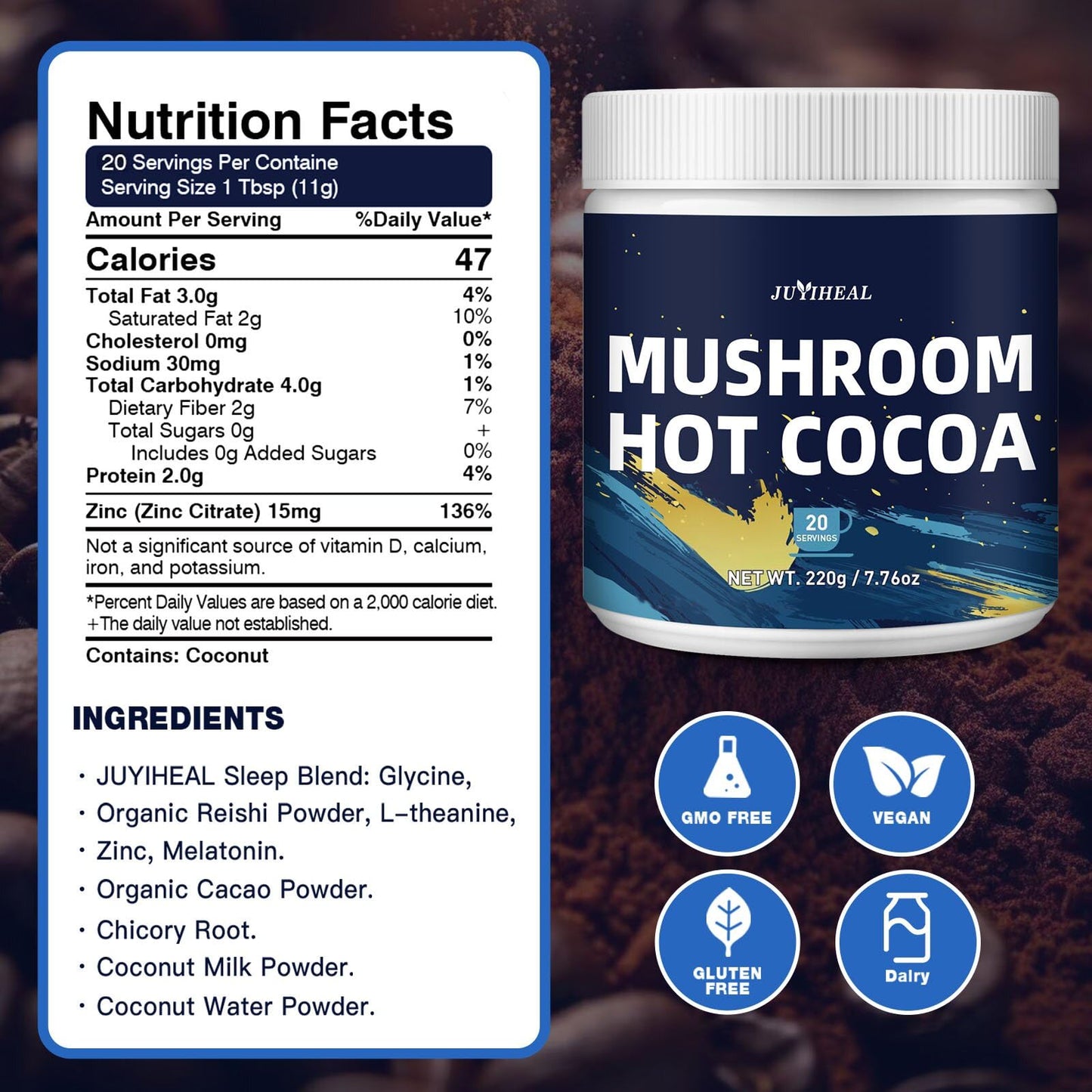 JUYIHEAL Mushroom Hot Cocoa dietary product with Melatonin, Reishi, L-Theanine, 7.76 oz, 20 Servings