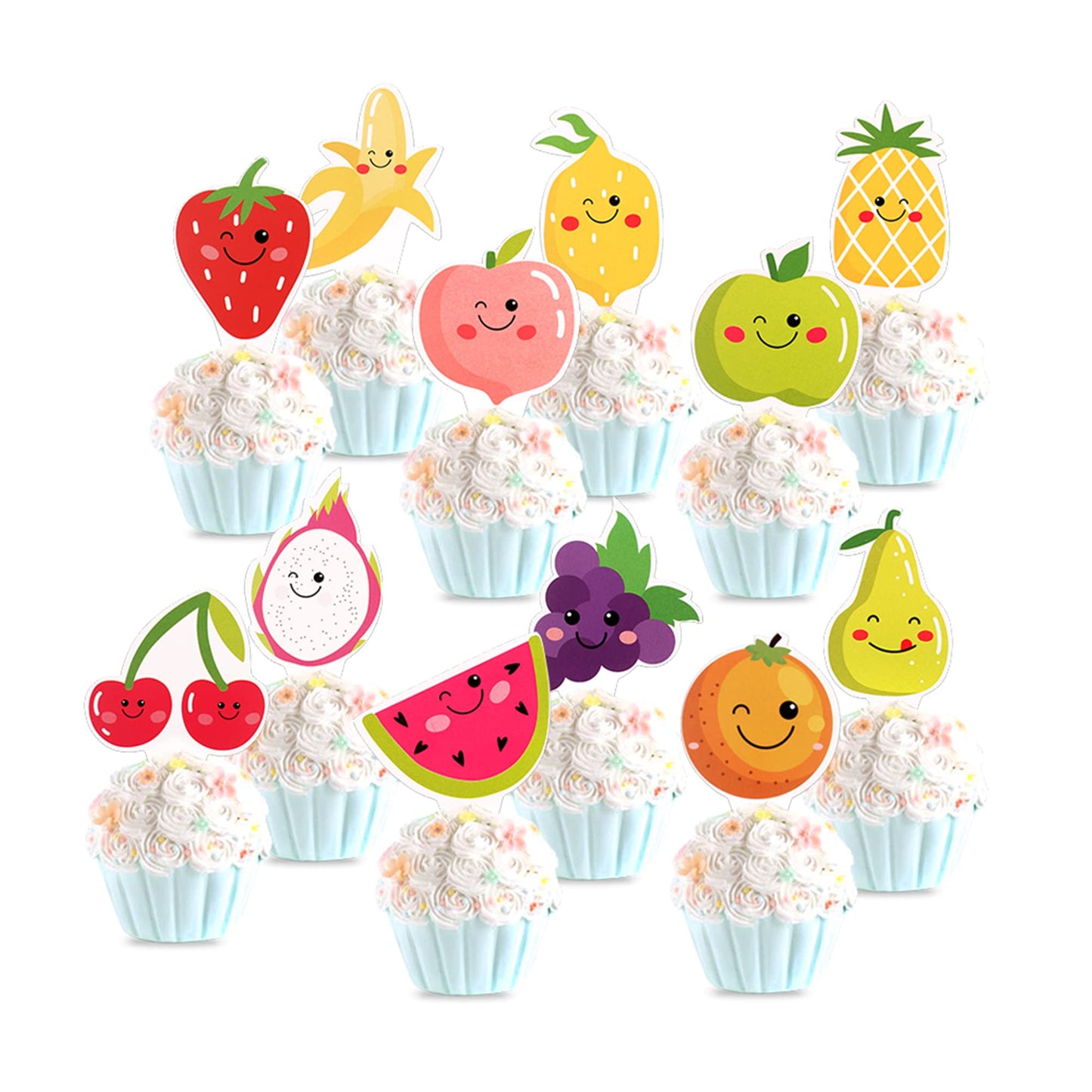 Cyodoos 24Pcs Tutti Fruity Fruit Cupcake Toppers - Tropical Summers Kids Happy Birthday Cake Toppers - Watermelon, Lemon, Strawb