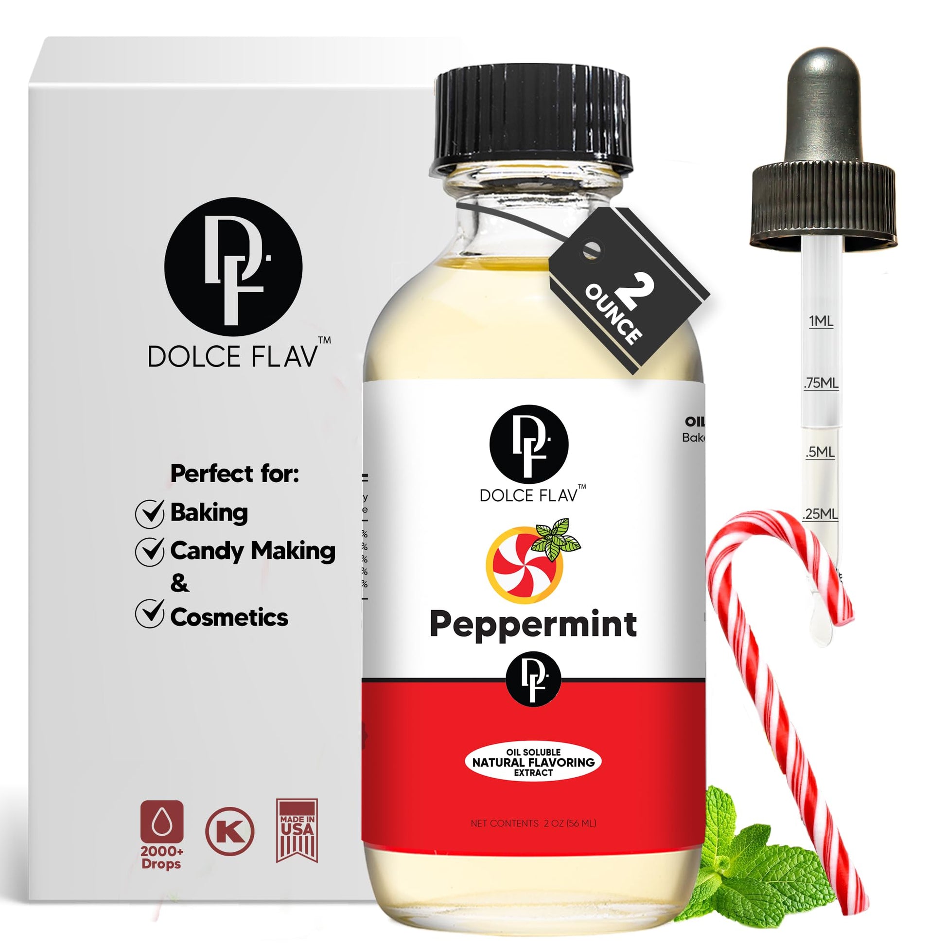 Dolce Flav Natural Peppermint Extract - 2 Oz Oil-Soluble, Kosher, Sugar-Free Concentrated Mint Flavor for Candy and Baking