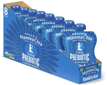 Mamma Chia Organic Prebiotic Squeeze Snack, Blueberry Acai, 16- 3.5 Ounce, Fiber-Rich Prebiotic Gut Support, Usda Organic, Non-G