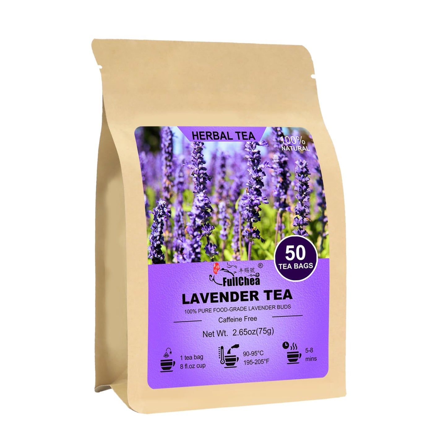 FullChea Lavender Tea Bags - Caffeine-Free Floral Tea for Relaxation - 50 Count