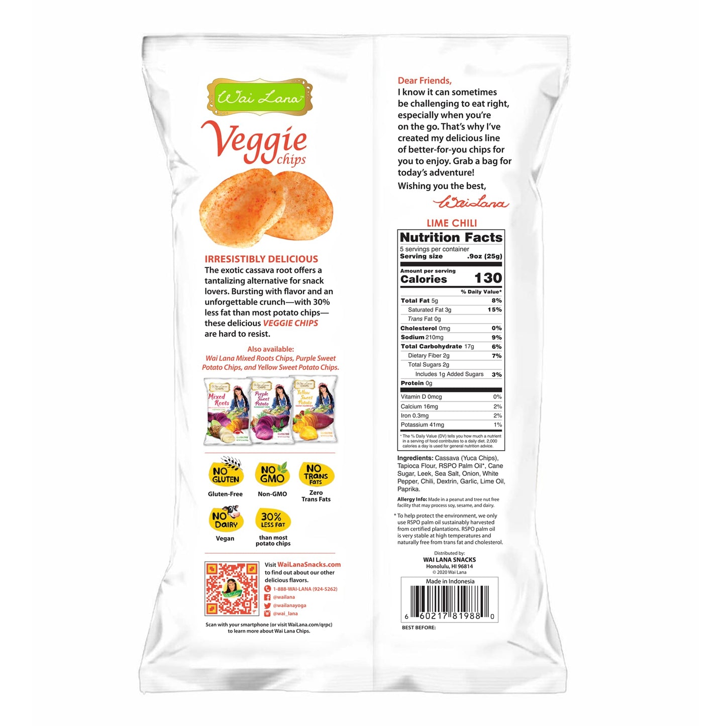 Wai Lana Veggie Chips Lime Chili (5 Pack Of 4.5 Ounce Individual Bags) - Gluten Free, Non-Gmo, Vegan, Zero Trans Fats
