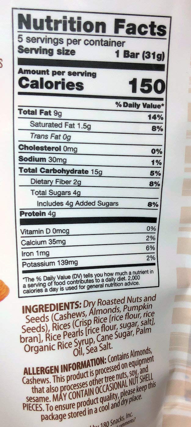 180 Snacks Fruit Nut & Seed Crunch Bar 1 Pack, 5 Snack Bars (Almond Cashew)