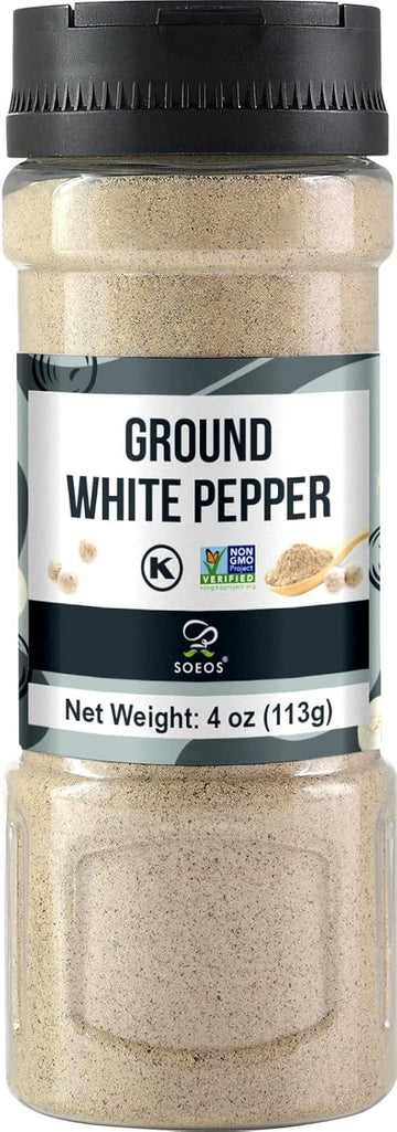 Soeos Ground White Pepper  4 Oz  Non-Gmo  Kosher Certified  Fresh  Aromatic And All-Natural  White Peppercorns Powder  Perfect For Barbecue  Stir-Fry  Soup
