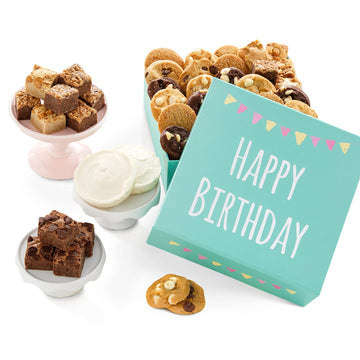 Mrs. Fields - Birthday Bites Cookie Box, Assorted With 18 Nibblers Bite-Sized Cookies, 12 Brownie Bites, And 2 Hand-Frosted Cookies (32 Count)
