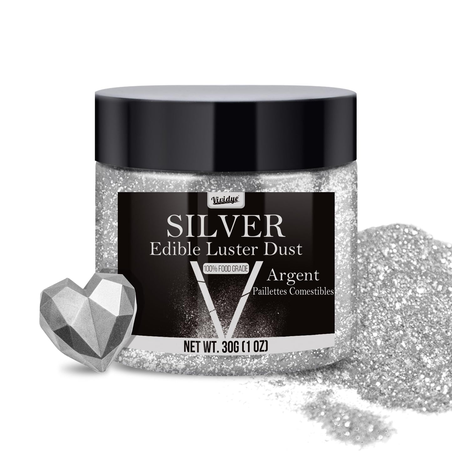 Vividye Edible Glitter Powder - 30g Silver Luster Dust for Baking, Beverages, Cake Decoration