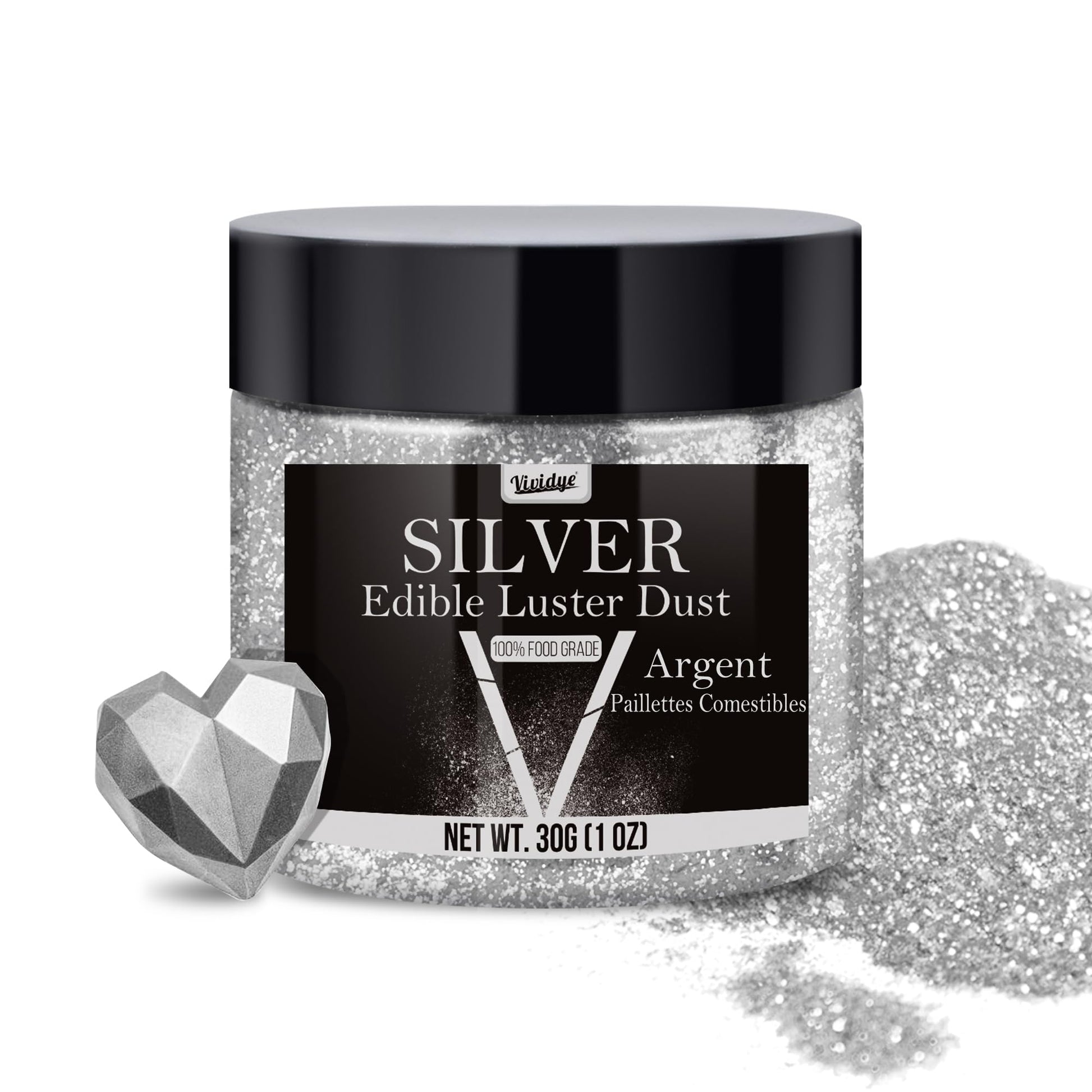 Vividye Edible Glitter Powder - 30g Silver Luster Dust for Baking, Beverages, Cake Decoration