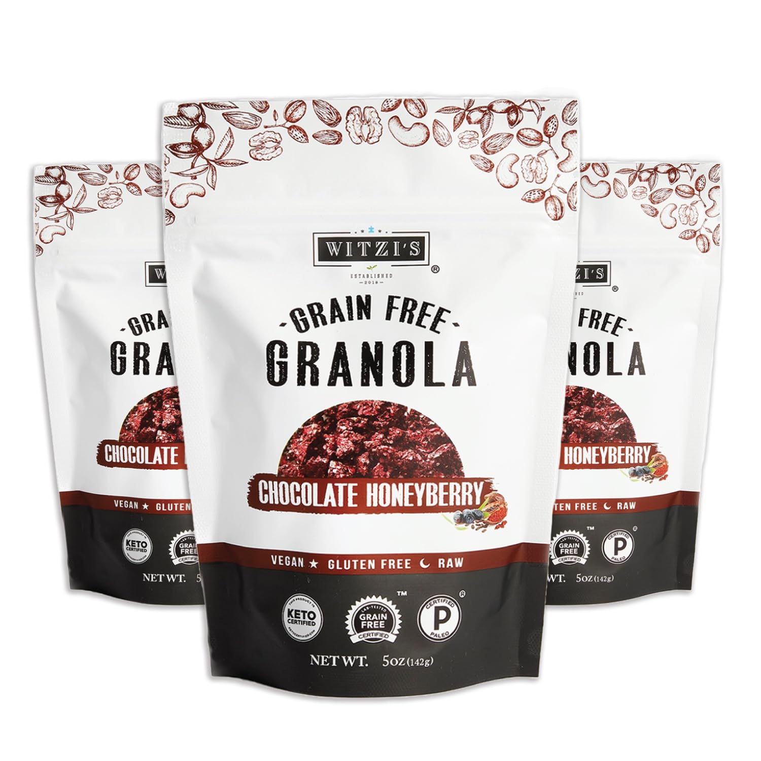 Witzis Grain Free Granola, Chocolate Honeyberry, Vegan, Keto, 5oz (Pack of 3)