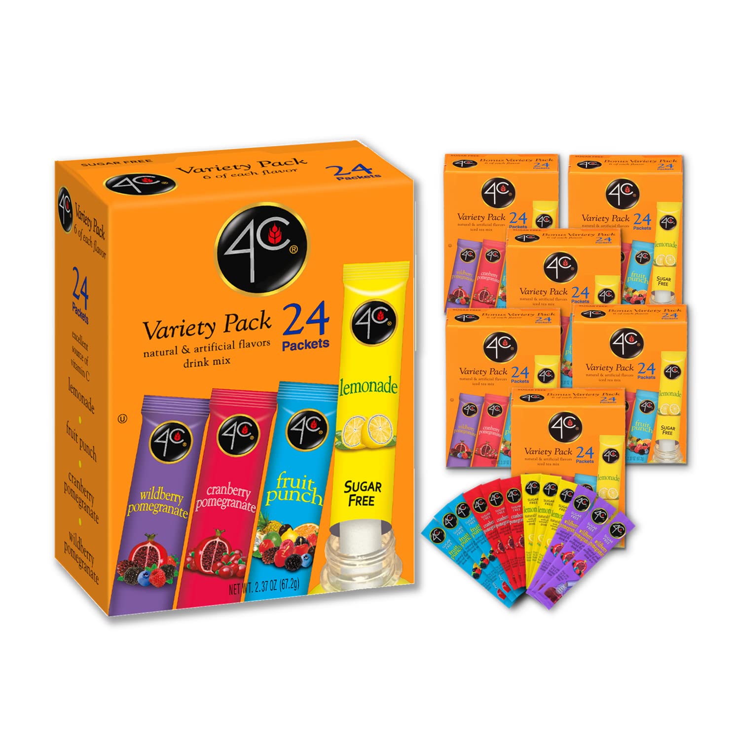 4C Powder Drink Mix Packets, Variety, 24 Count, Singles Stix On The Go, Refreshing Sugar Free Water Flavorings (2.37 Ounce (Pack Of 6))