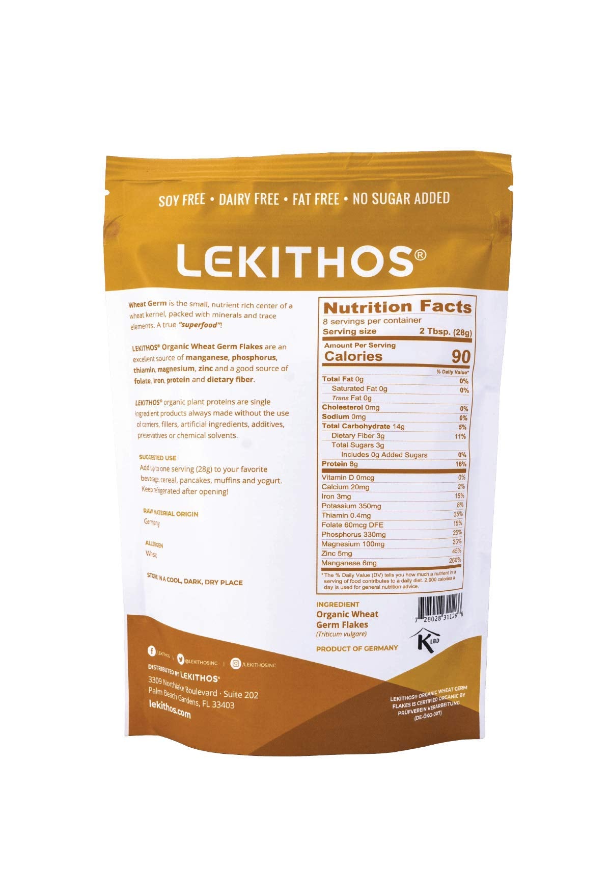 Lekithos Organic Wheat Germ Protein Flakes - 8 oz - 8g Protein - Certified USDA Organic, Non-GMO Project Verified, No Added Suga