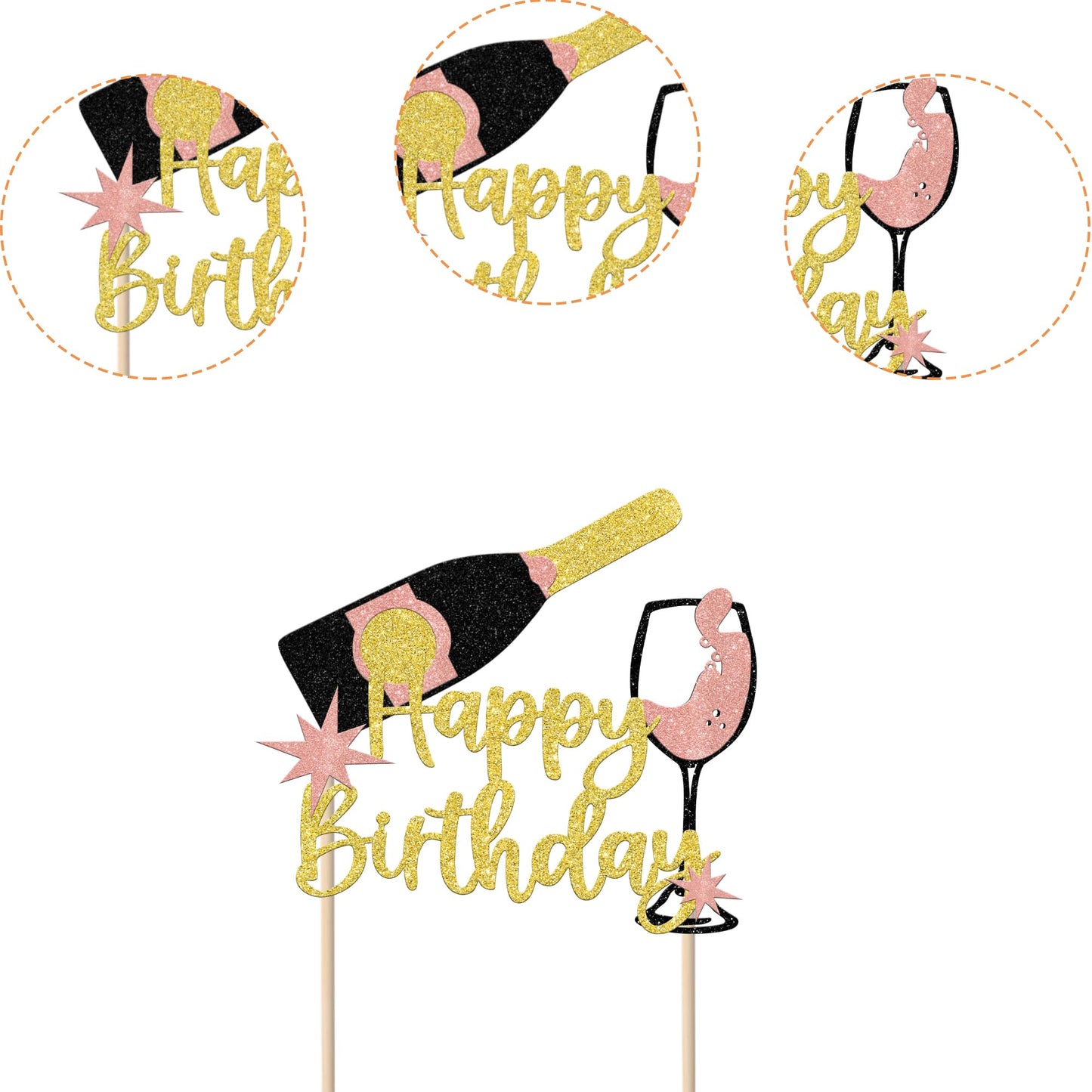 ZHUOWEISM Champagne Happy Birthday Cake Topper, Glitter Cheers & malt-inspireds, 1 Count, Multi Color
